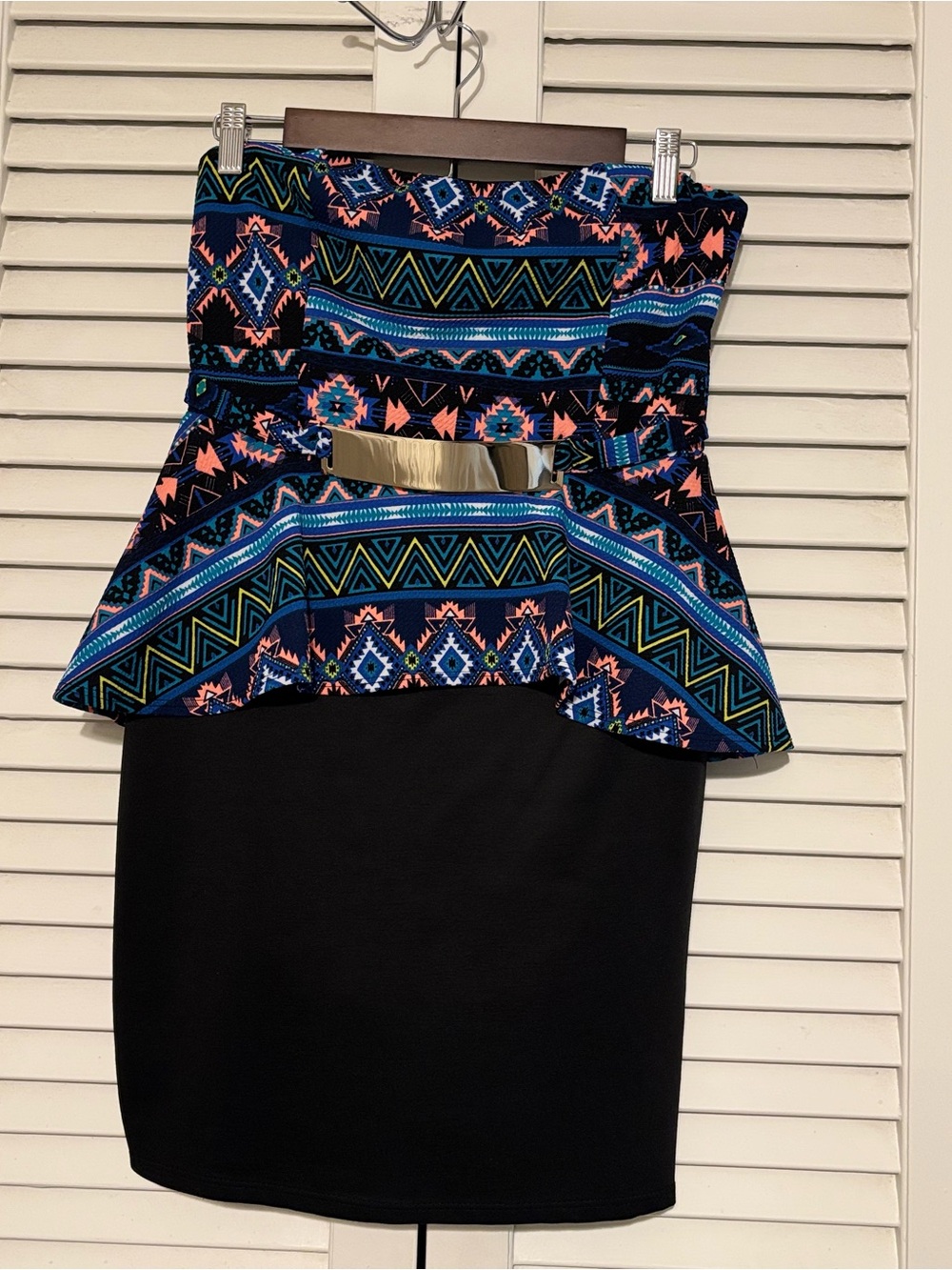 B Famous Mini Dress with Aztec Print and Black Skirt, Gold belt accent